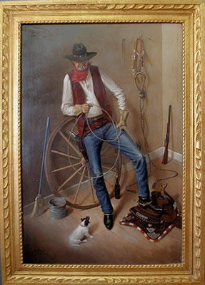 Portrait of a cowboy sitting on a wagon wheel in a barn and holding a lariat by William Ewing III - Auction record, sale price, and art valuation. Compare with similar artists and explore comparable artworks.