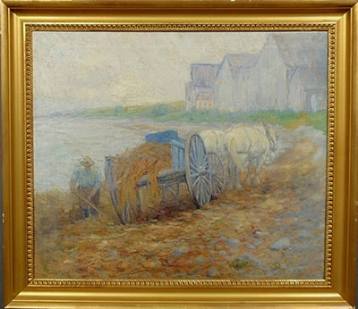 Farmer with hay wagon and a team of horses
