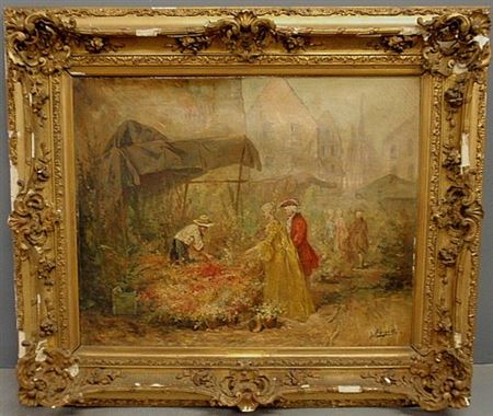 18th c. couple at an outdoor flower vendor's market stall