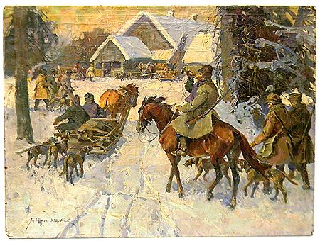 Sportsmen on foot, on horseback and in sleighs preparing to hunt wild pigs in winter