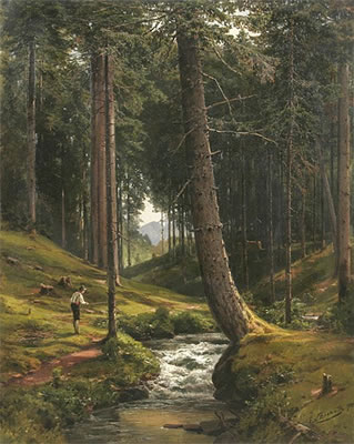 Lichtdurchflutetes Waldstück mit Angler an einem Wildbach