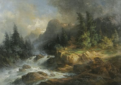 Hochgebirgslandschaft mit reißendem Bach nach einem Gewitter