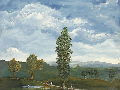 Sommerliche Hügellandschaft mit Wanderern