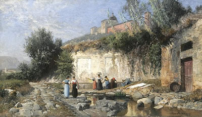 Italienische Landschaft mit Frauen an einem Brunnen