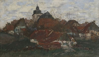Kleines Dorf mit Kirche.