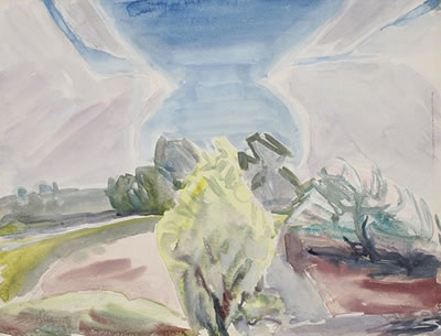 Landschaft mit gelbem Baum im Vordergrund