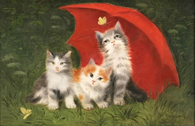 Drei Katzen unter rotem Schirm