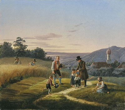 Oberbayerische Landschaft mit Begrüßungs- und Ernteszene im Vordergrund