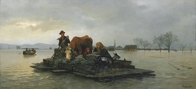 Vor dem Hochwasser auf einem Floß fliehende Familie