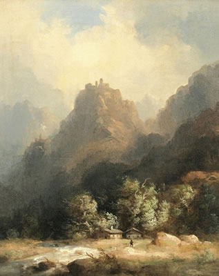 Gebirgslandschaft mit Burgruine auf Berggipfel, im Vordergrund zwei Häuser am Bach