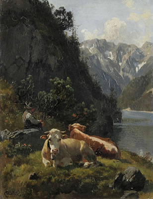 Alpenlandschaft mit Hirtenjunge am See.