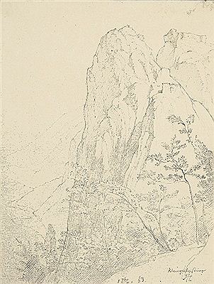 Blick auf die Felsen des Rheingrafenstein, im Vordergrund Buschwerk - Rheingrafenstein, im Vordergrund Wolken