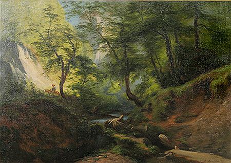 Waldlandschaft mit Flüsschen und einem Reiter.