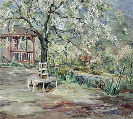 Garten mit blühendem Mandelbaum in der Pfalz by Hanns Fay - Auction record, sale price, and art valuation. Compare with similar artists and explore comparable artworks.