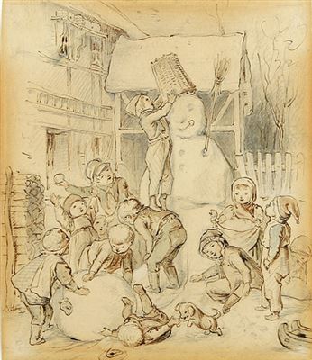 Kinder beim Spielen, Baden, Gärtnern, Schneemann bauen und Großvater besuchen. Szenen aus dem Kinderalltag