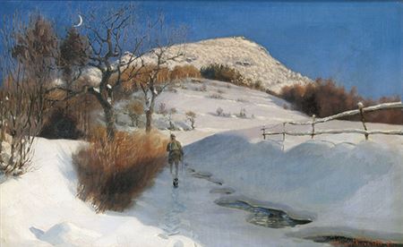 Winterliche Rhönlandschaft. Jäger mit Hund auf dem Weg zur Milseburg