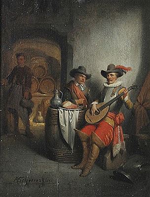 In der Schänke. Interieur mit Mandoline spielendem bzw. speisendem Soldat
