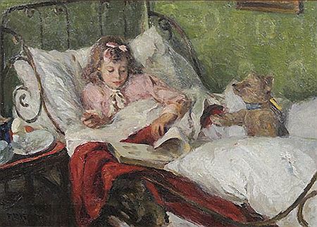 Bildnis eines Mädchens mit Buch im Bett