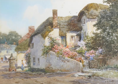 Village street with thatched cottages by Walter Henry Sweet - Auction record, sale price, and art valuation. Compare with similar artists and explore comparable artworks.