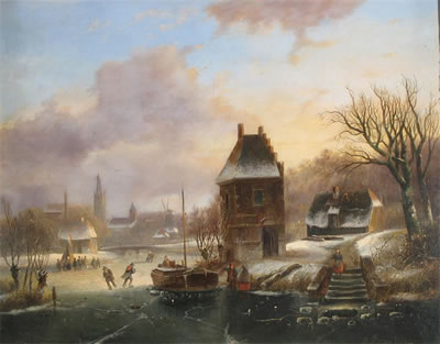 Winter landscape with skaters on a river