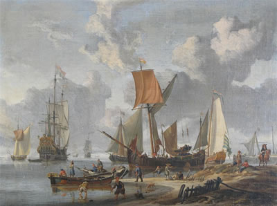 The Dutch Royal Yacht with elegant company on board docking at a jetty in a swell, with figures on the shore and fishing boats out to sea; A Yacht and other vessels moored on the shore with many figures loading supplies and preparing nets, Dutch warships
