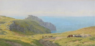 Figures on a coastal path, Bossiney, North Cornwall