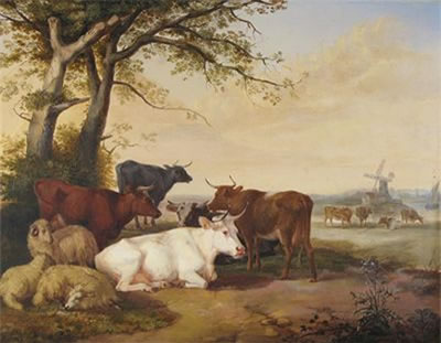 Cattle and Sheep in a landscape, a windmill beyond