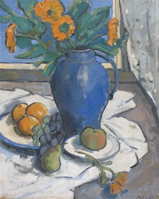 Still life of orange flowers in a blue jug