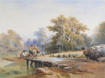 An Italianate landscape with a couple boarding a boat from a jetty