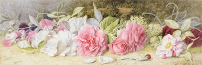 Still life of cut roses on a mossy bank by Mary Elizabeth Duffield - Auction record, sale price, and art valuation. Compare with similar artists and explore comparable artworks.
