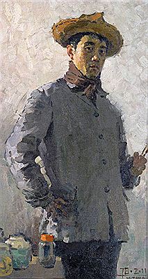 Portrait of Muli Tang: Self portrait of the artist standing holding paint brushes