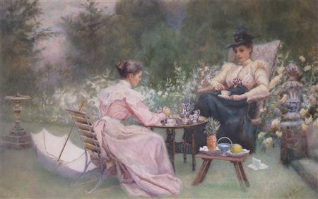 Ladies taking tea in a garden