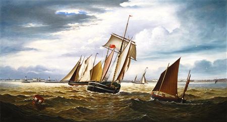 Four sailing vessels sailing into the port of Lowestoft