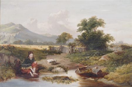 Highland landscape with a girl resting by a stream