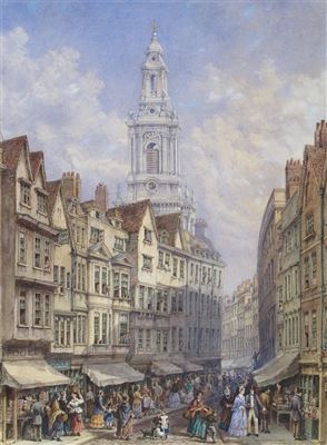 The Tower of the Church of St Mary-le-Strand from Holywell Street