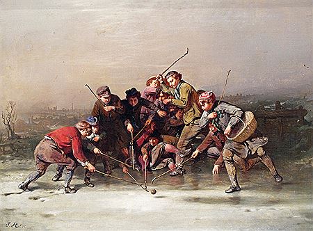 Winter scene with children playing Bandy