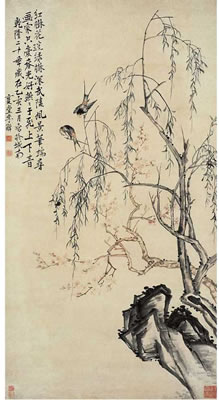 SWALLOWS RESTING ON A WILLOW BRANCH