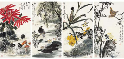 BIRD-AND-FLOWER PAINTINGS (set of 4)