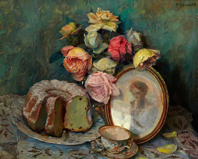 Stilleben mit Rosenstrauss und Gugelhupf