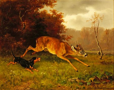 Jagdhund und Rehbock