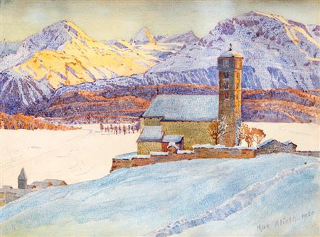 Winterabend bei der Kirche St. Peter - Samedan