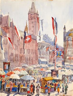 Basler Marktplatz im Festschmuck by Emil Himmelsbach - Auction record, sale price, and art valuation. Compare with similar artists and explore comparable artworks.