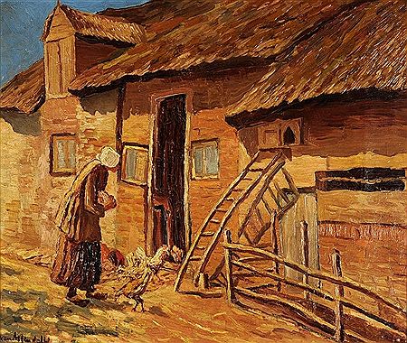 Boerin bij boerderij