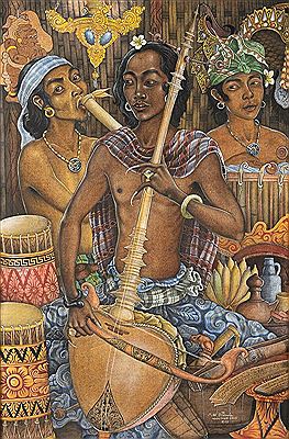 "Gamelan orchestra with rebab player"
