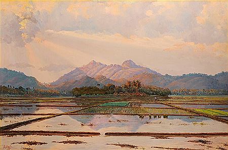 "Indonesian landscape with paddy fields and mountains" by Arthur Eland - Auction record, sale price, and art valuation. Compare with similar artists and explore comparable artworks.
