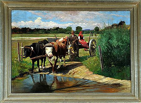 "Bauernfamilie mit Ochsenkarren am Feld"