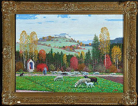 "Schäfer mit Schafherde im herbstlichen Allgäu mit Blick auf Schloss Kronburg"