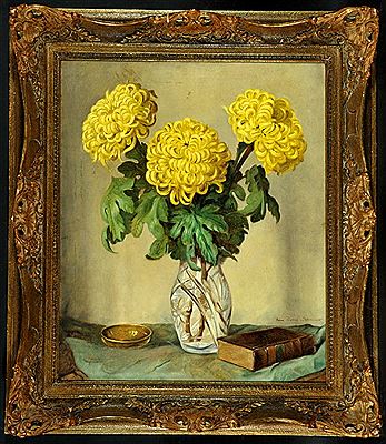 "Blumenstillleben mit Chrysanthemen in Kristallvase"
