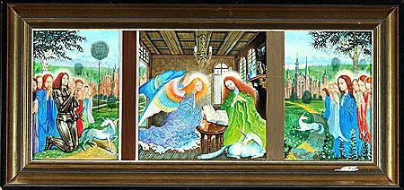 "Verkündigung an Maria mit Einhorn und zwei weitere Heiligenszenen mit Einhorn"