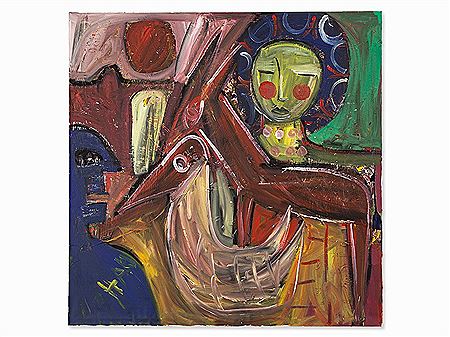 Sample artwork by Hartmut "Haki" Ritzerfeld (Born 1950), known for neo-expressive abstract figurative painting - View similar artists and auction records